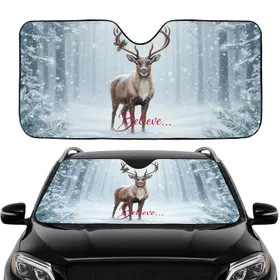 Reindeer Holly Berries Snow Winter Forest Believe - Christmas Road Trip Gift Car Sunshade