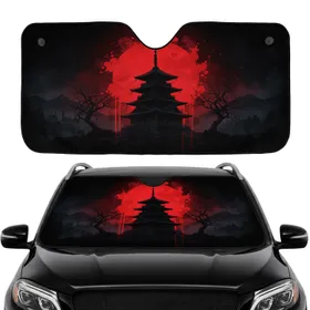 Japanese Pagoda Castle Red Sun Silhouetted Trees - Car Interior Upgrade Car Sunshade