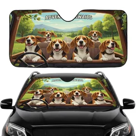 Five Realistic Beagles Rolling Hills Scenic Road Blue Sky - Road Trip Accessory for Beagle Lover Car Sunshade