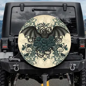 Majestic Bat Roses Thorny Vines Gothic Scrolls - Bat Lover Vehicle Decor Gift Spare Tire Cover