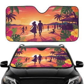 Couple Walking Beach Ocean Sunset Tropical Foliage Paradise Road Trip Gift Car Sunshade