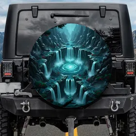 Glowing Turquoise Vortex Canyon Waterfalls Jagged Cliffs - Adventure Travel Spare Tire Cover
