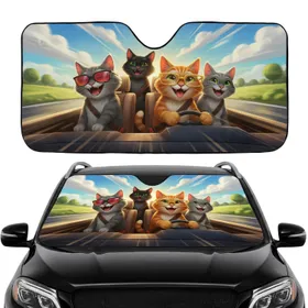 Four Cartoon Cats Road Trip Adventure Travel Essentials for Cat Lovers Car Sunshade