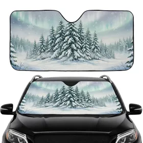 Snow-Covered Pine Trees Winter Forest Aurora Sky - Road Trip Gift Car Sunshade