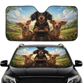 Happy Dachshunds Adventure Journey Landscape - Road Trip Gift for Dachshund Lovers Car Sunshade