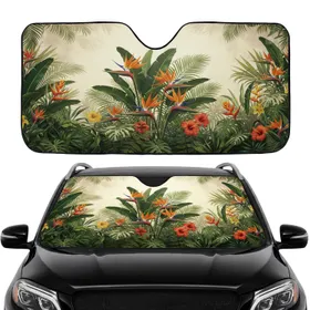 Jungle Fern Palm Leaves Bird of Paradise Tropical Scene - Road Trip Gift Car Sunshade