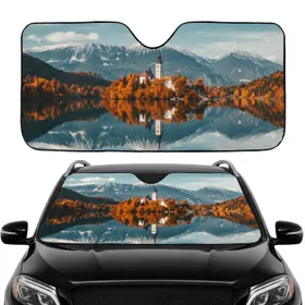 Ancient White Church Alpine Lake Autumn Foliage Mountains - Road Trip Gift Car Sunshade
