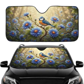 Blue Bird Orange Breast Daisy Tree Branch - Car Interior Road Trip Travel Accessory Car Sunshade