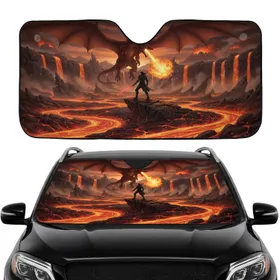 Fire Dragon Warrior Battle Volcanic Landscape - Car Interior Upgrade Fantasy Lover Gift Car Sunshade