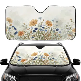 Yellow Daisy Blue Blossoms Wildflower Meadow - Road Trip Travel Essentials Car Sunshade