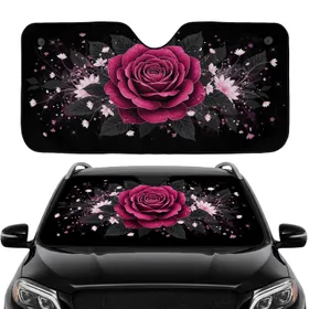 Deep Magenta Fuchsia Rose Black Leaves Floral Starbursts - Car Interior Travel Upgrade Car Sunshade