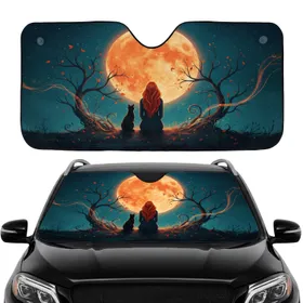 Red Hair Woman Black Cat Full Moon Autumn Vines - Car Interior Upgrade for Cat Lover Car Sunshade