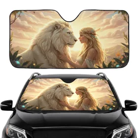 White Lion Blonde Woman Intense Gaze Car Interior Upgrade for Her Car Sunshade