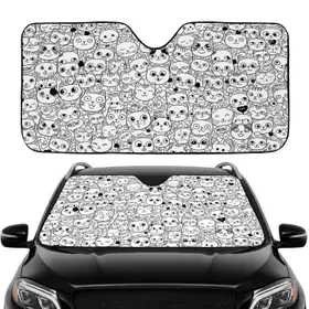 Cat Faces Fish Skeletons Paw Prints Meow Speech Bubbles - Road Trip Commute Accessory for Cat Lovers Car Sunshade