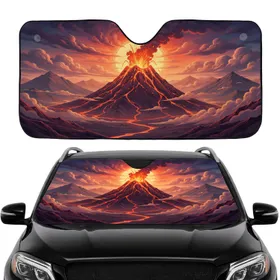 Erupting Volcano Fiery Lava Mountains - Scenic Road Trip Travel Accessory Car Sunshade