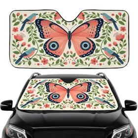 Ornate Butterfly Birds Folk Art Lush Floral Botanical Tapestry - Car Interior Upgrade Car Sunshade