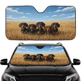 Dachshunds Golden Wheat Field Sky - Road Trip Gift for Dog Lovers Car Sunshade