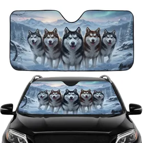 Six Siberian Huskies Alaskan Malamutes Arctic Journey - Road Trip Dog Lover Gift Car Sunshade