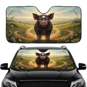 Intelligent Determined Miniature Pig in Rolling Hills - Adventurous Road Trip Gift Car Sunshade