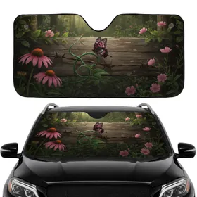 Black Pink Butterfly Barbed Wire Wood Wildflowers Road Trip Accessory Car Sunshade