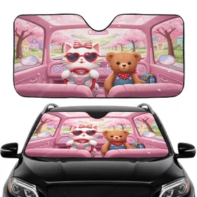 Cartoon Cat Teddy Bear Driving Car - Road Trip Travel Essentials Car Sunshade