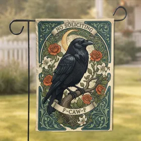 Black Crow NO SOLICITING Art Nouveau Roses Lilies Crescent Moon Home Decor Gift Garden Flag
