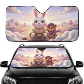 Rabbit Bear Driving Journey Through Hills Mountains Road Trip Gift Car Sunshade
