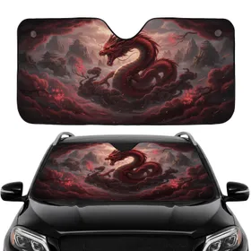 Fierce Red Dragon Ancient Temple Mystical Mountains - Car Interior Upgrade Car Sunshade