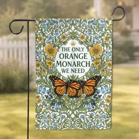Orange Monarch Butterfly Crown Deep Green Leaves Yellow Flowers Blue Berries - Activist Home Decor Garden Flag