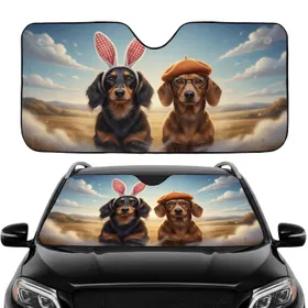 Realistic Dachshunds Bunny Ears Beret Glasses Road Trip Gift Dachshund Lover Car Sunshade