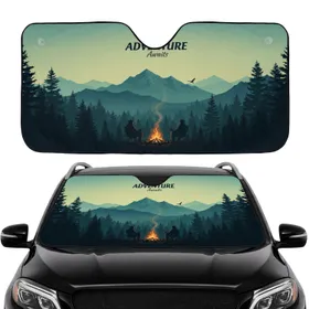 Campfire Mountain Scene Adventure Awaits - Road Trip Gift Car Sunshade