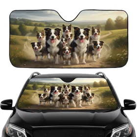Dynamic Border Collies Family Group - Open Road Trip Travel Essentials for Dog Lovers Car Sunshade