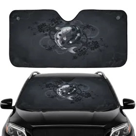 Dark Charcoal Gnarled Cherry Blossom Black Flowers Yin Yang Koi Fish - Road Trip Essentials Car Sunshade
