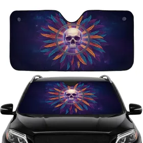 Human Skull Ethereal Glow Ornate Ancient Ring Feathers Cosmic Nebulae - Car Interior Upgrade Car Sunshade