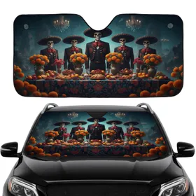 Calavera Mariachi Skeletons Ornate Table Floral Feast - Car Interior Upgrade Car Sunshade