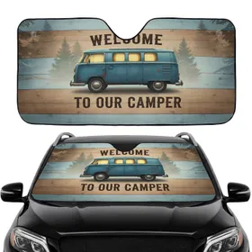 Vintage Blue Camper Van Welcome Sign Wood - Road Trip Travel Essentials Car Sunshade