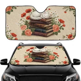 Fluffy White Cat on Antique Books - Car Interior Upgrade for Cat Lover Car Sunshade