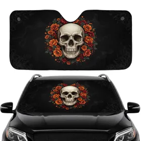 Bone Textured Skull Autumnal Flowers Car Interior Upgrade Car Sunshade