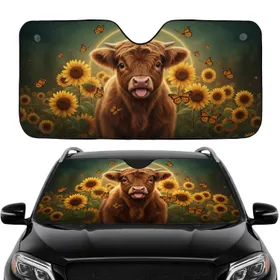 Baby Highland Cow Sunflowers Butterflies - Car Interior Upgrade for Cow Lover Car Sunshade