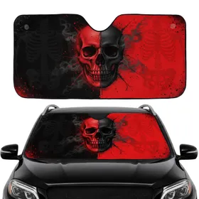 Cracked Smoky Anatomical Skull Red Black Split Bone Motifs - Road Trip Essential Car Sunshade