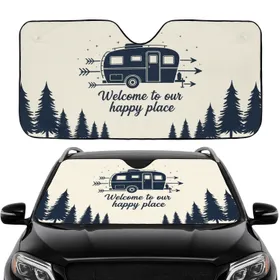 Vintage Travel Trailer Happy Place - Road Trip Gift for Camper Lovers Car Sunshade