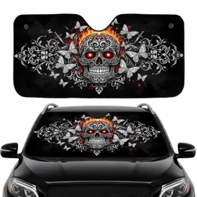 Fiery Ornate Sugar Skull Calavera White Butterflies Scrollwork - Car Interior Upgrade Car Sunshade