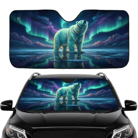 Majestic Glowing Polar Bear Fractured Ice Aurora Borealis Arctic Night - Car Interior Upgrade Car Sunshade