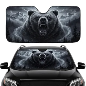 Ferocious Snarling Grizzly Bear Head Misty Forest Wilderness Car Interior Upgrade Car Sunshade