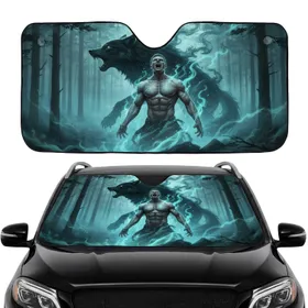 Man Dark Wolf Howling Ancient Forest - Car Interior Upgrade Car Sunshade