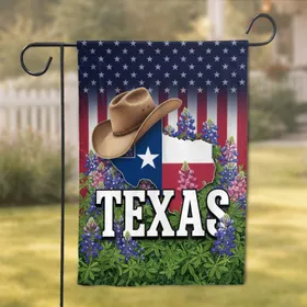 Texas State Flag Cowboy Hat Bluebonnets - Texas Pride Gift for Texans Garden Flag