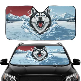 Siberian Husky Blue Eyed Grin Red Blue Background Car Interior Upgrade Car Sunshade