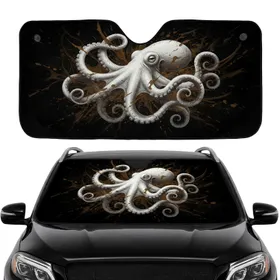 White Grey Octopus Turbulent Aquatic Abyss - Car Interior Upgrade Car Sunshade
