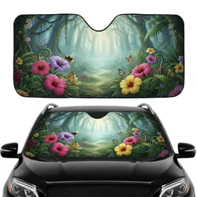Sunlit Tropical Jungle Hibiscus Bumblebee Butterflies - Car Interior Upgrade Car Sunshade