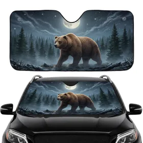 Grizzly Bear Frost Forest Moon Night Sky - Car Interior Upgrade for Bear Lovers Car Sunshade